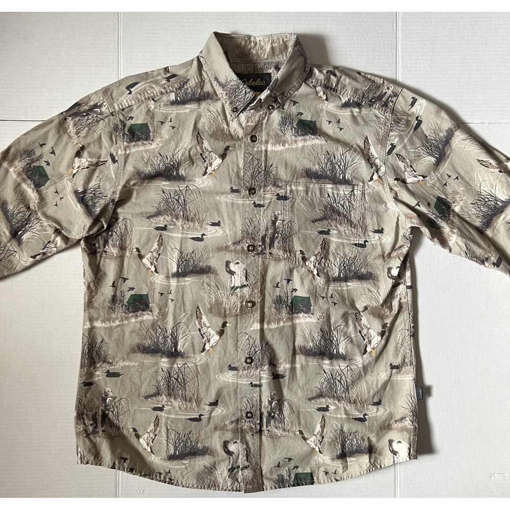 CABELAS - Mens Beige Dog Bird Duck Cotton Heavyweight Hunting Shirt - Size Large